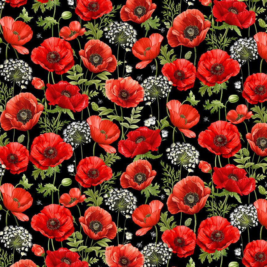 Red poppy flowers with white floral clusters and green leaves on a black background, digitally printed cotton fabric.