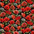 Red poppy flowers with white floral clusters and green leaves on a black background, digitally printed cotton fabric.