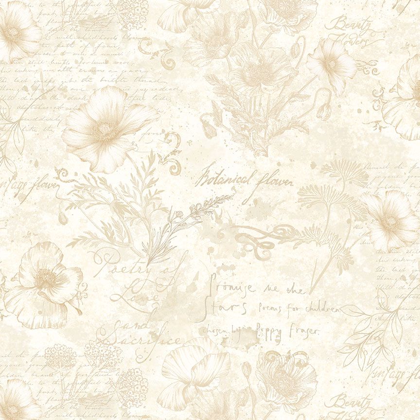 Beige and cream poppy toile fabric with botanical sketches and vintage handwritten text.