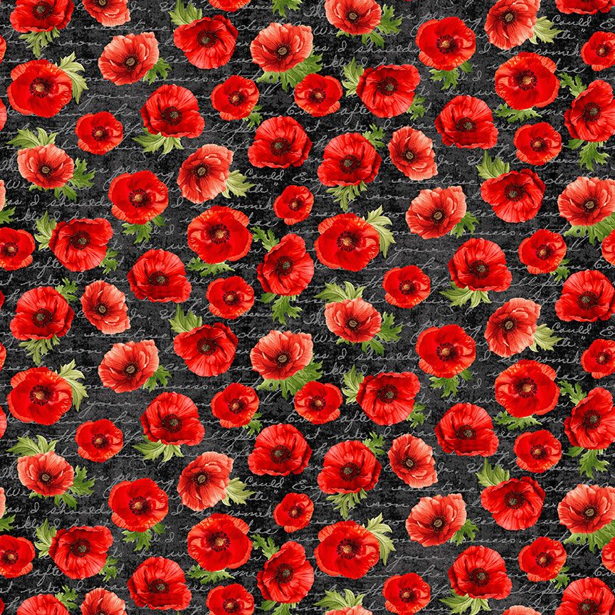 Red poppy flowers on a black textured background with white script text.
