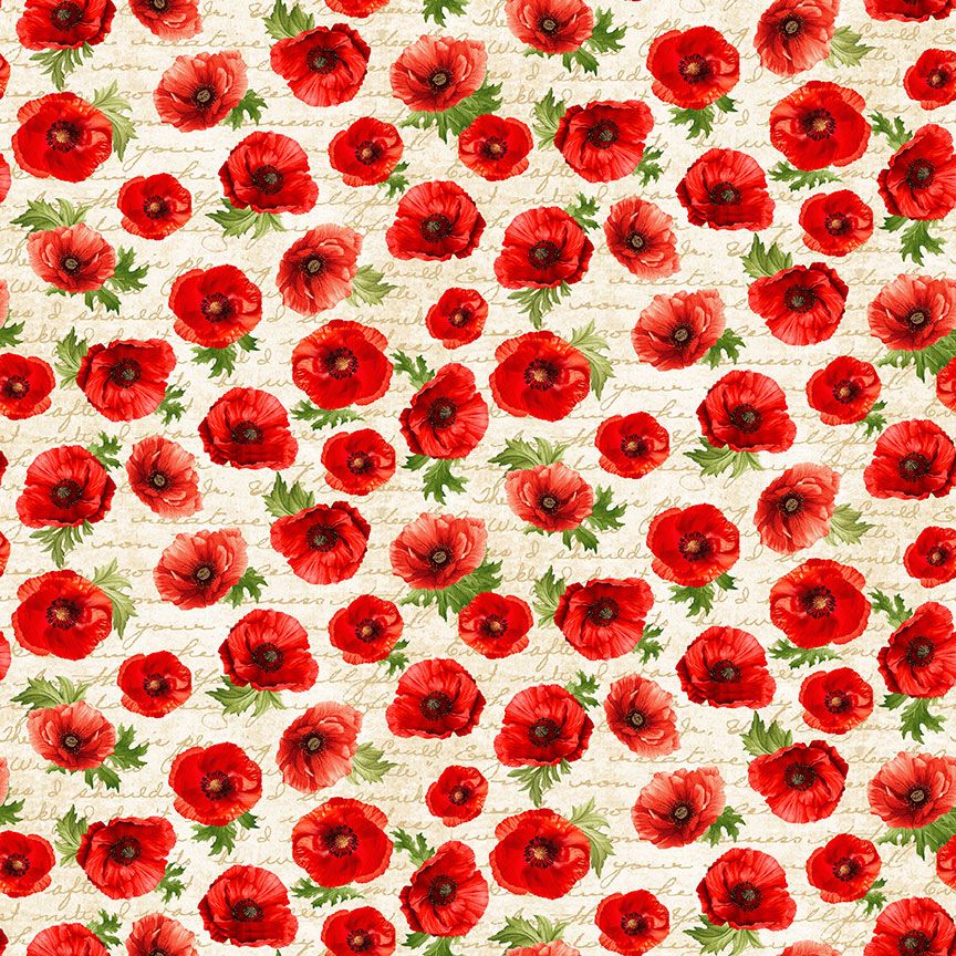 Red poppies on cream script cotton fabric from the Poppy Passion collection by Timeless Treasures