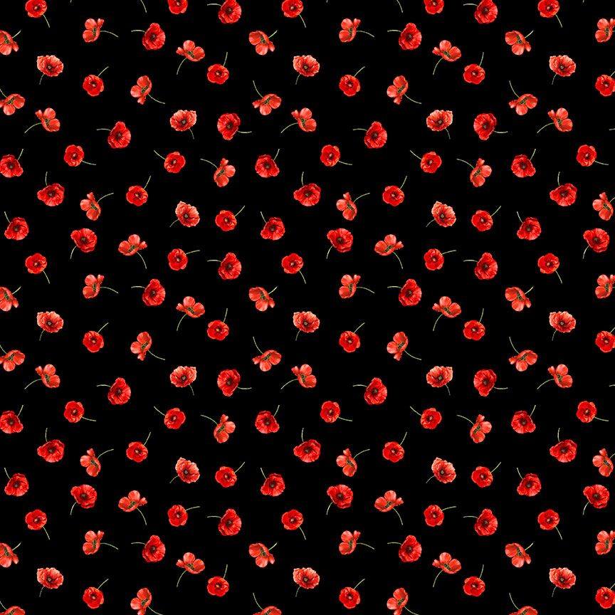 Red tossed poppies on black background printed on 100% cotton fabric by Timeless Treasures.