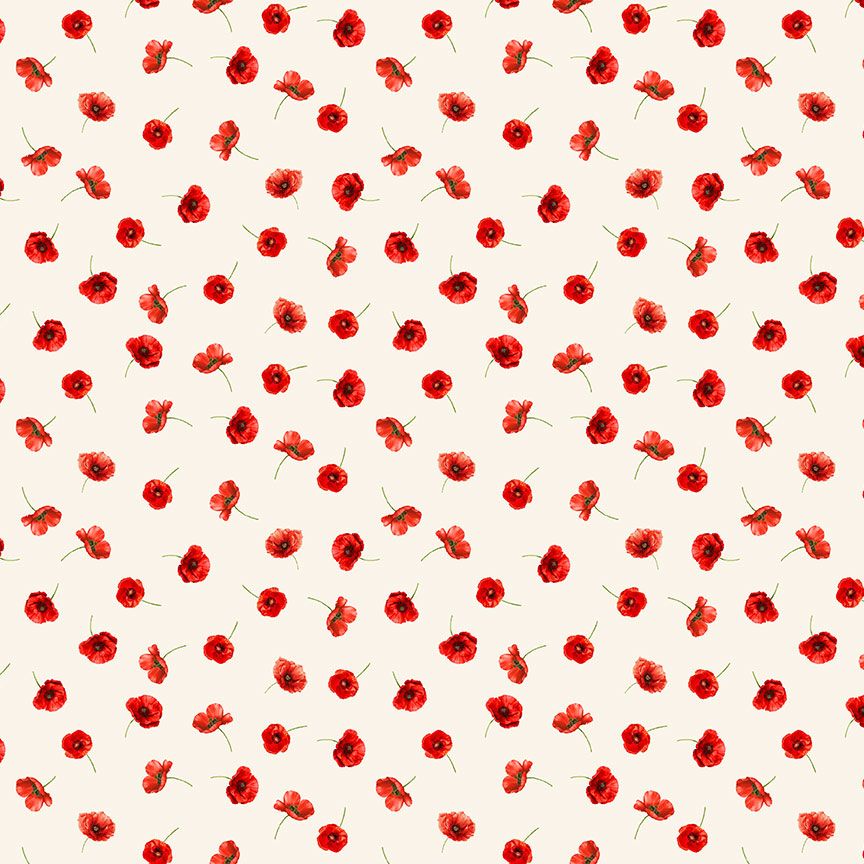 Red tossed poppies on a cream background printed on 100% cotton quilting fabric by Timeless Treasures.
