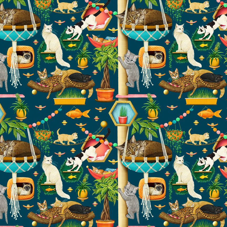 Digital cotton fabric featuring playful cats relaxing on cat trees, hammocks, scratching posts, and perches with tropical plants on a navy background by Rosie Dore for Timeless Treasures.