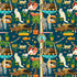 Digital cotton fabric featuring playful cats relaxing on cat trees, hammocks, scratching posts, and perches with tropical plants on a navy background by Rosie Dore for Timeless Treasures.