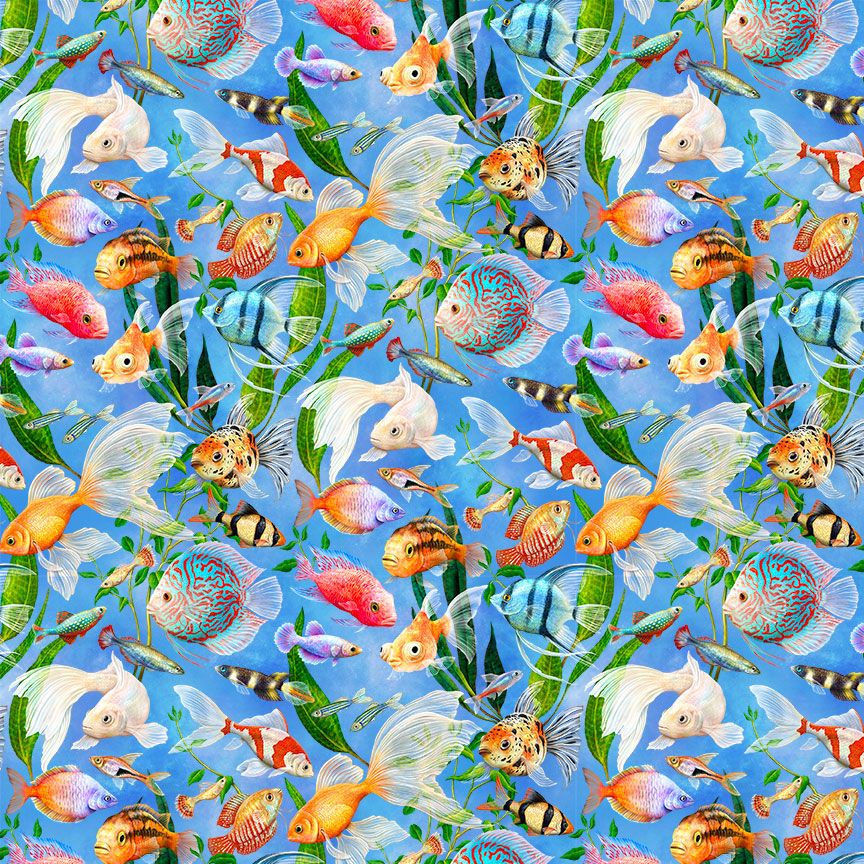 Feline Fanatic Aquarium Fish cotton fabric by Rosie Dore featuring colorful tropical fish, goldfish, koi, angelfish, and aquatic plants on a blue background.