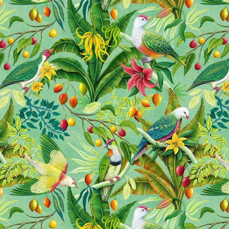 Colorful fruit doves perched among tropical flowers, fruits, and lush green foliage on an aqua background
