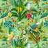 Colorful fruit doves perched among tropical flowers, fruits, and lush green foliage on an aqua background