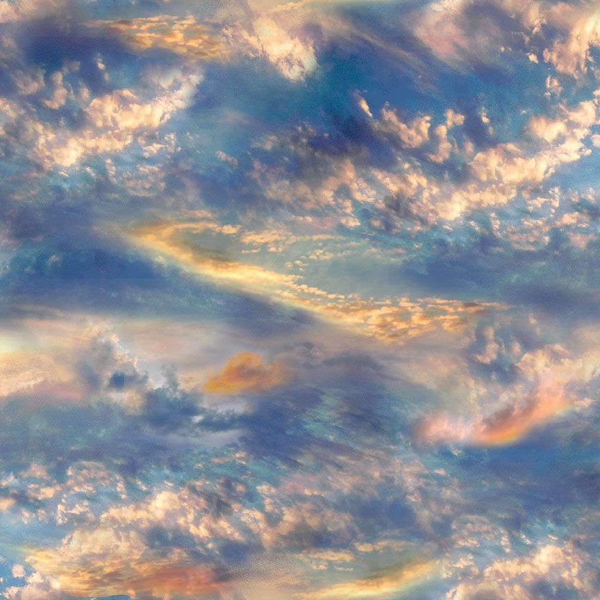 Water's Edge Beach Sky fabric by Chong-A Hwang for Timeless Treasures featuring dramatic ocean sunset clouds in shades of blue, lavender, peach, and gold on premium digital print cotton fabric.