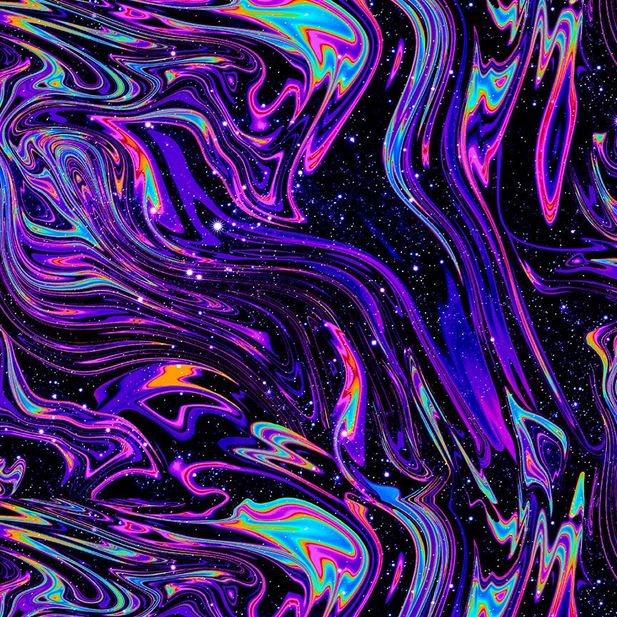Spaced Out Galaxy Marble digital cotton fabric featuring colorful cosmic marble swirls on a starry black galaxy background