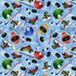 Tossed hockey equipment fabric featuring skates, sticks, helmets, pucks, and masks on an icy blue background by Timeless Treasures.
