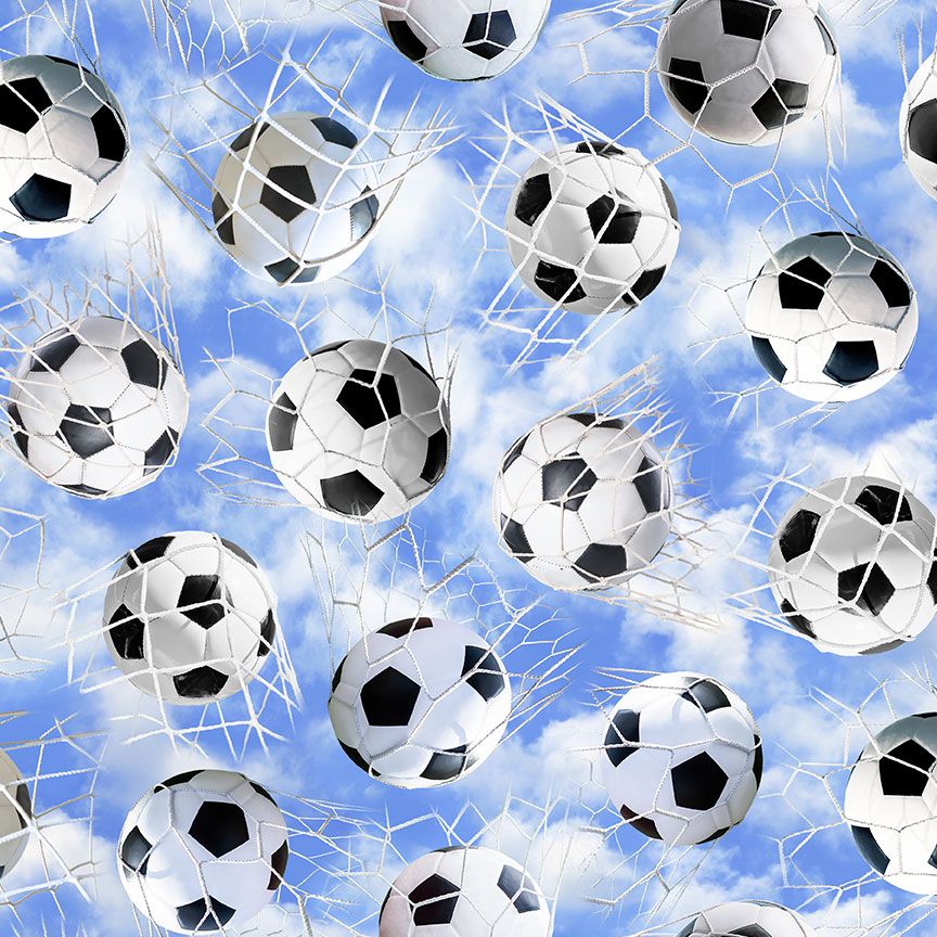 Soccer balls breaking through nets on blue sky background digital print fabric by Timeless Treasures