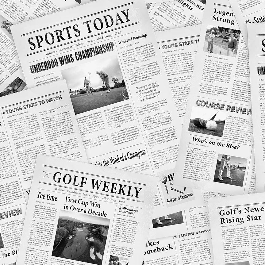 Digital cotton fabric Par For The Course - Golf Newspaper by Timeless Treasures featuring black-and-white golf-themed newspaper headlines and photos.