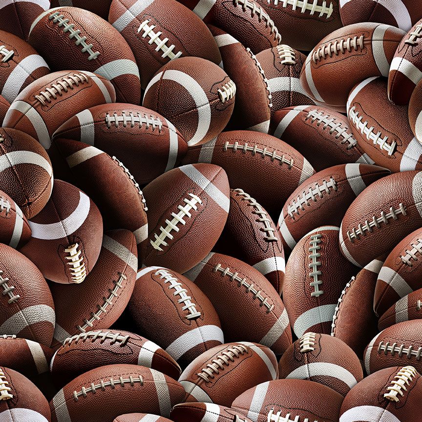 Timeless Treasures Packed Footballs cotton fabric featuring realistic brown footballs with white laces and stripes in an all-over digital print.