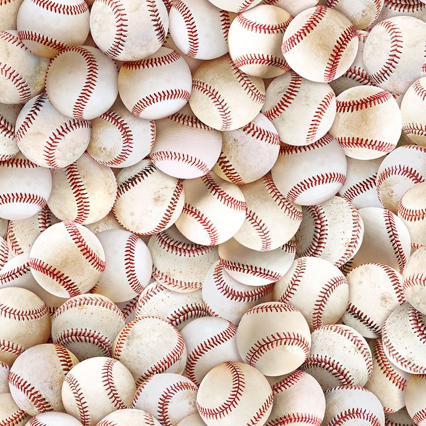 Timeless Treasures Packed Baseballs cotton fabric featuring realistic baseballs with classic red stitching in an all-over digital print.