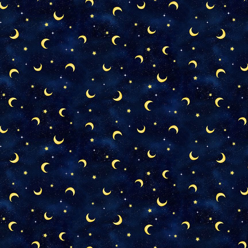 Navy cotton fabric with yellow moons and stars by Timeless Treasures