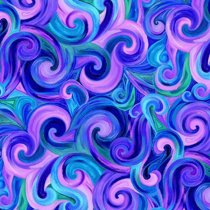 Bellagio swirl cotton fabric in purple teal and aqua abstract pattern
