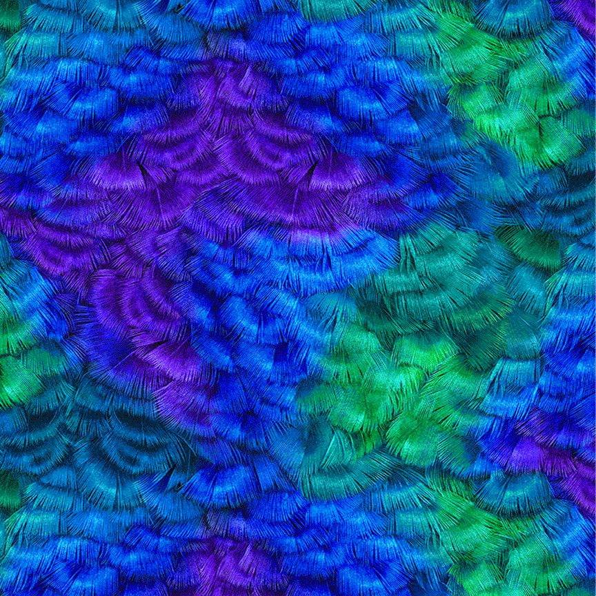 Packed Feathers fabric by Chong-A Hwang for Timeless Treasures featuring layered peacock-inspired feathers in vibrant blue, teal, green, and purple jewel tones on premium cotton fabric.