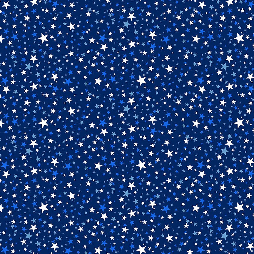 Blue navy cotton fabric with tossed white and blue stars by Timeless Treasures.