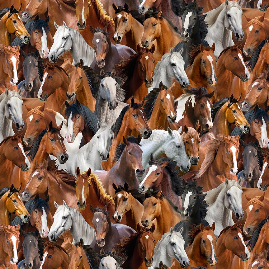 Realistic packed horse portrait cotton fabric by Timeless Treasures featuring brown white and black horses