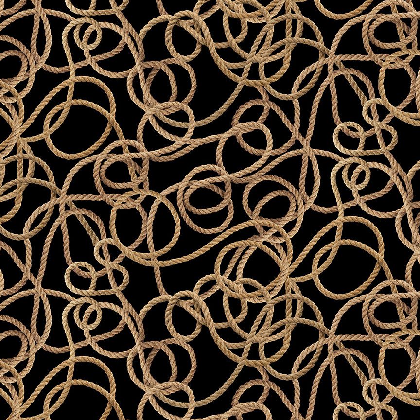 Western rope and lasso loop cotton fabric on black background by Timeless Treasures