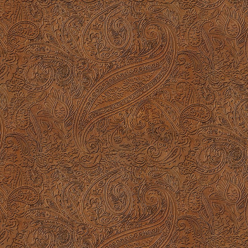 Western tooled leather style paisley cotton fabric in rich brown tones by Timeless Treasures