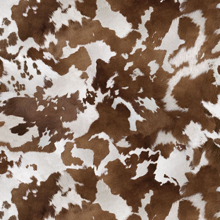 Realistic brown and white cowhide ponyskin print cotton fabric by Timeless Treasures