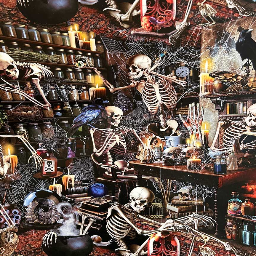 Spooky Apothecary fabric by Timeless Treasures featuring skeletons, skulls, ravens, potion bottles, candles, spell books, and cobwebs in a richly detailed Halloween-themed digital print cotton fabric.