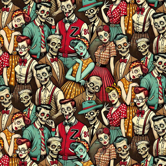 Wicked Willow Fifties Zombies fabric by Timeless Treasures featuring retro 1950s zombies, skeletons, and vintage Halloween characters on premium cotton.