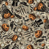 Wicked Willow Halloween Icons fabric by Timeless Treasures featuring pumpkins, skulls, ravens, clocks, spider webs, bats, and vintage Halloween motifs on taupe cotton.