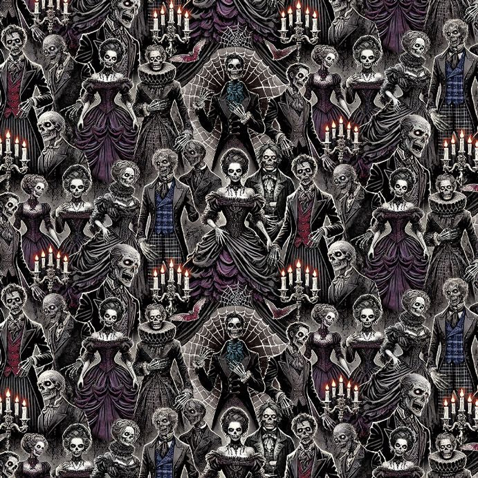 Wicked Willow Day of the Dead Gala fabric by Timeless Treasures featuring elegantly dressed Victorian skeletons, chandeliers, spider webs, and gothic Halloween scenes.