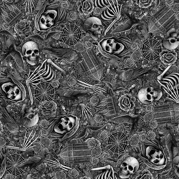 Wicked Willow Gothic Halloween Motifs fabric by Timeless Treasures featuring skeletons, skulls, ravens, roses, spider webs, coffins, and gothic Halloween artwork on charcoal cotton.
