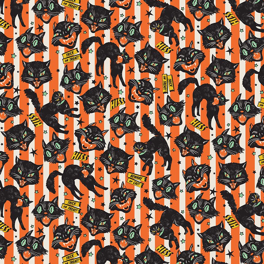 Wicked Willow Trick or Treat Cats fabric by Timeless Treasures featuring vintage black cats, orange striped background, stars, and retro Halloween signs.