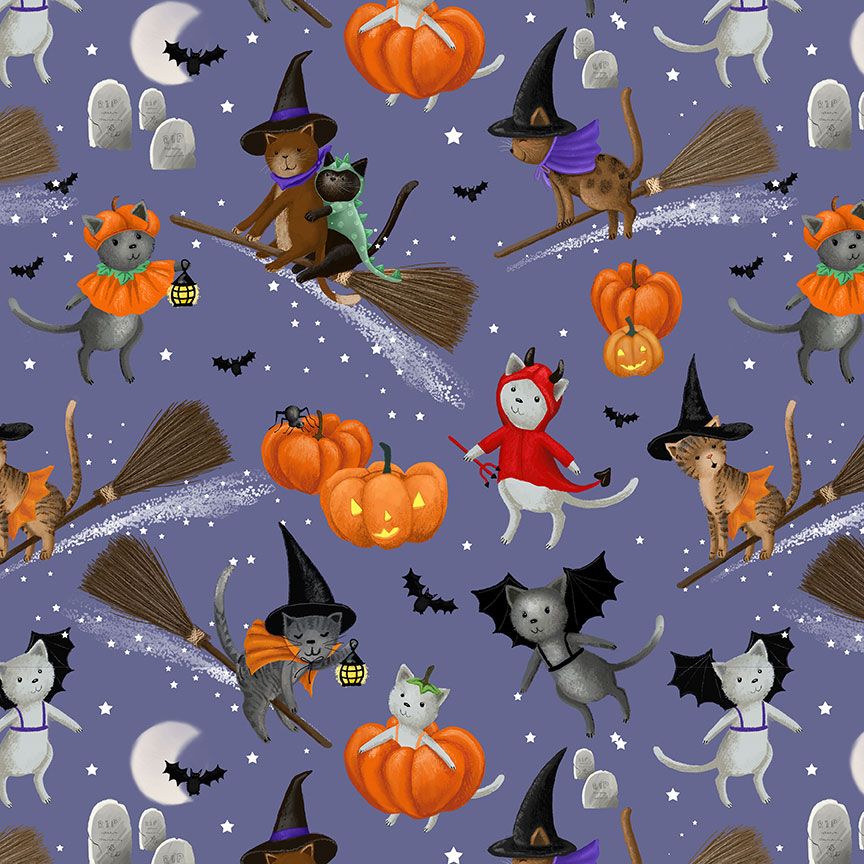 Cute Halloween cats dressed as witches, ghosts, bats, and pumpkins on purple cotton fabric