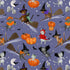 Cute Halloween cats dressed as witches, ghosts, bats, and pumpkins on purple cotton fabric