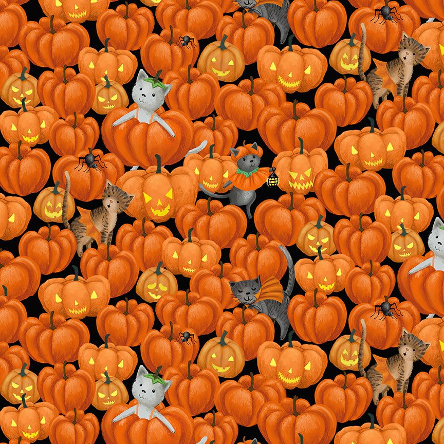Orange pumpkins and jack-o'-lanterns with playful cats on black Halloween cotton fabric