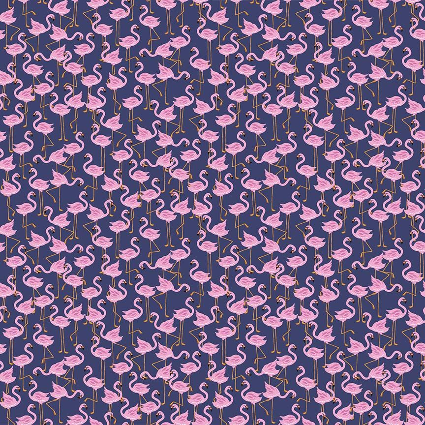 Birds of a Feather Party Like a Flockstar Navy quilting cotton fabric by Dear Stella featuring pink flamingos on a rich navy blue background.