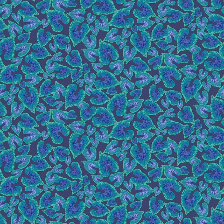 Birds of a Feather Unbe-Leaf-Able Navy quilting cotton fabric by Dear Stella featuring vibrant tropical leaves in blue, teal, and green on a navy background.