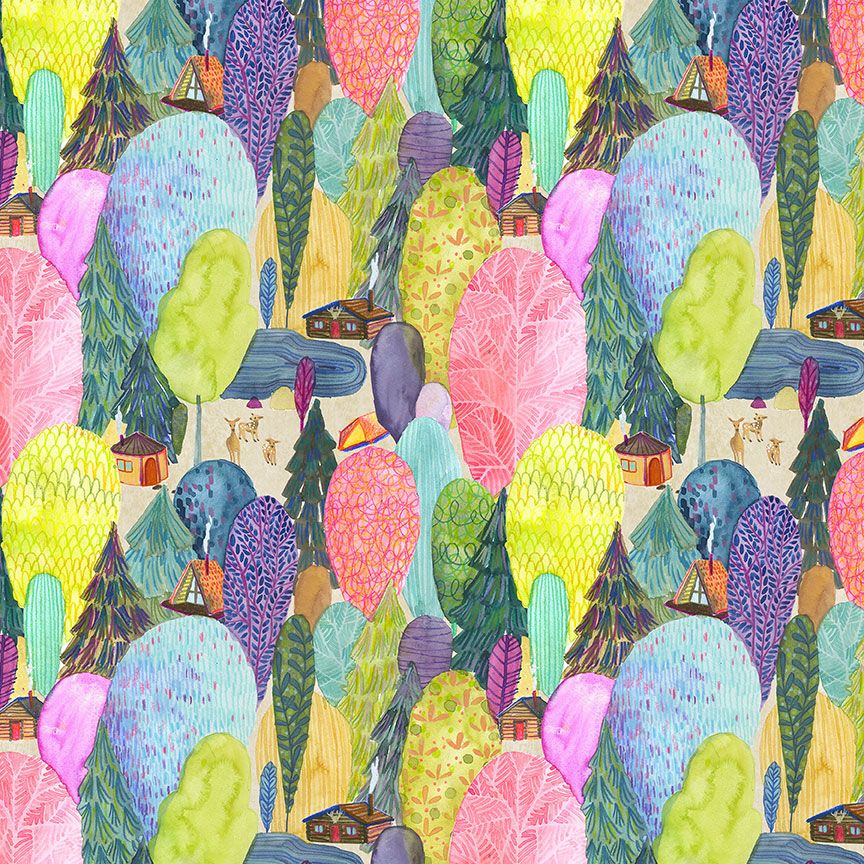 Nature Walk Multi quilting cotton fabric by Kerstin Stock for Dear Stella featuring colorful woodland trees, cabins, ponds, and wildlife in a whimsical forest landscape.