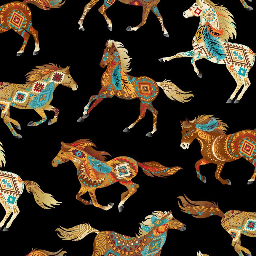 Southwestern horse fabric with tribal patterned horses on black background by Timeless Treasures