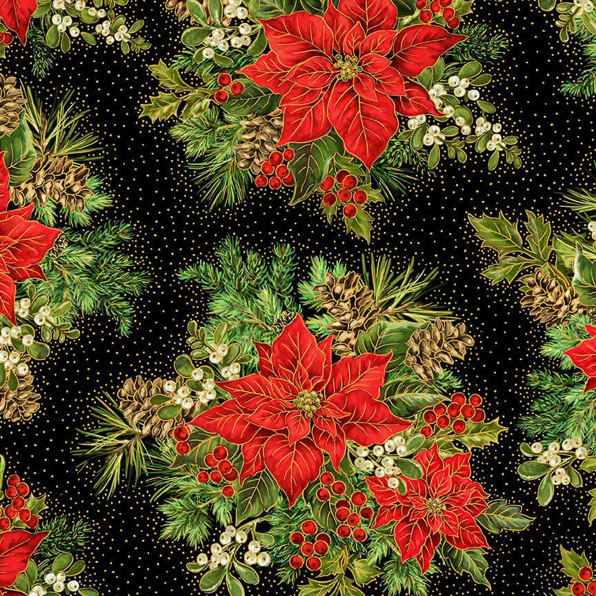 Poinsettia Bouquet metallic Christmas fabric by Timeless Treasures