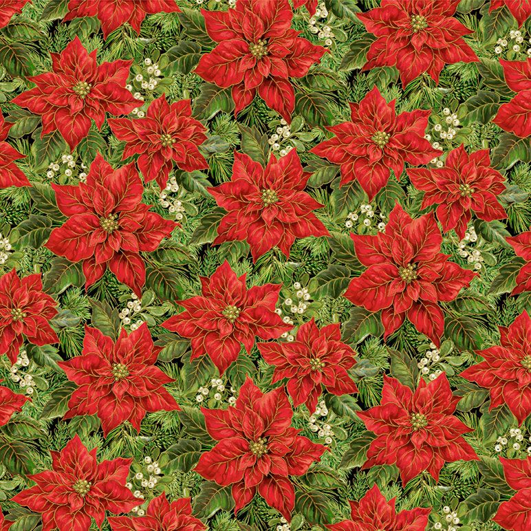 Packed poinsettia and leaves metallic Christmas fabric by Dona Gelsinger