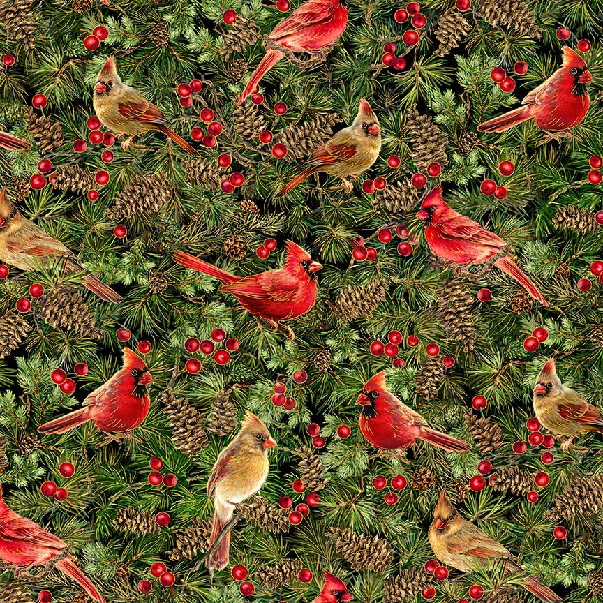 Cardinals metallic Christmas fabric by Dona Gelsinger for Timeless Treasures