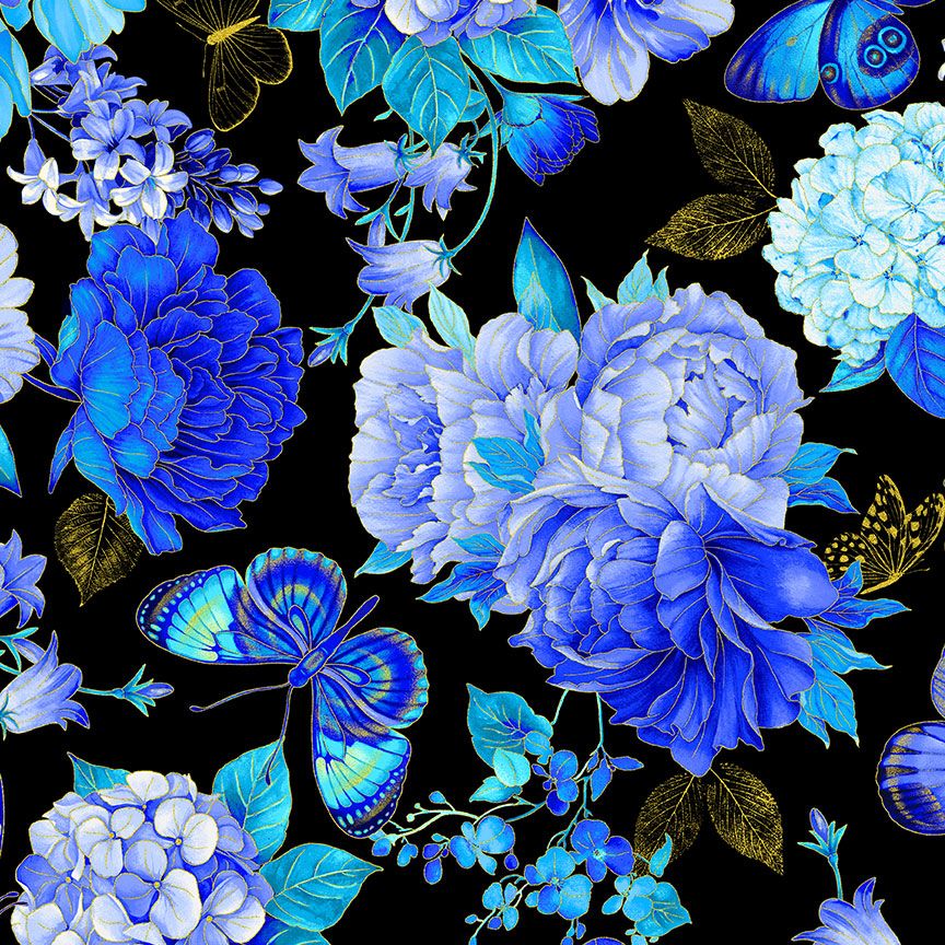 Blue butterflies with peonies and hydrangeas on black metallic cotton by Timeless Treasures.
