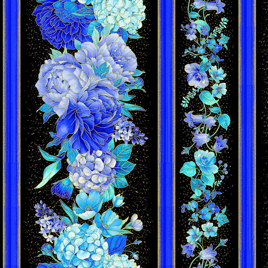 Blue hydrangea and peony metallic stripe design on black cotton with gold accents by Timeless Treasures.