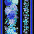 Blue hydrangea and peony metallic stripe design on black cotton with gold accents by Timeless Treasures.