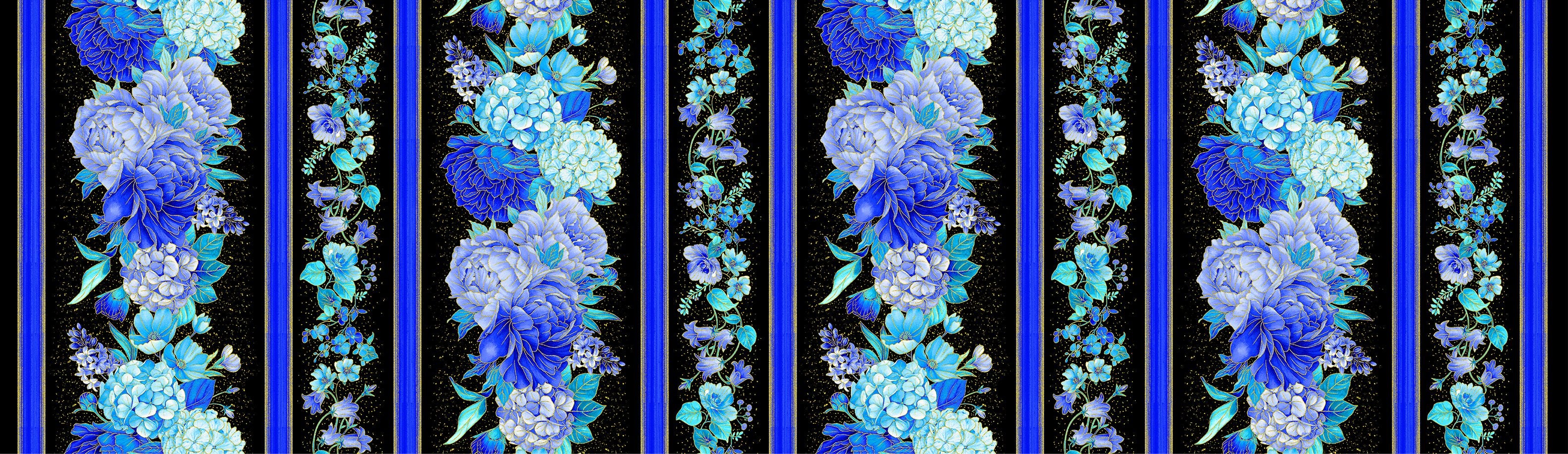 Blue hydrangea and peony metallic stripe design on black cotton with gold accents by Timeless Treasures.