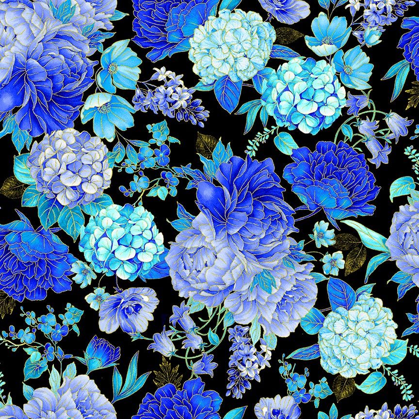 Blue hydrangeas, peonies, and garden blossoms with metallic gold accents on a black cotton background by Timeless Treasures.
