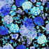 Blue hydrangeas, peonies, and garden blossoms with metallic gold accents on a black cotton background by Timeless Treasures.