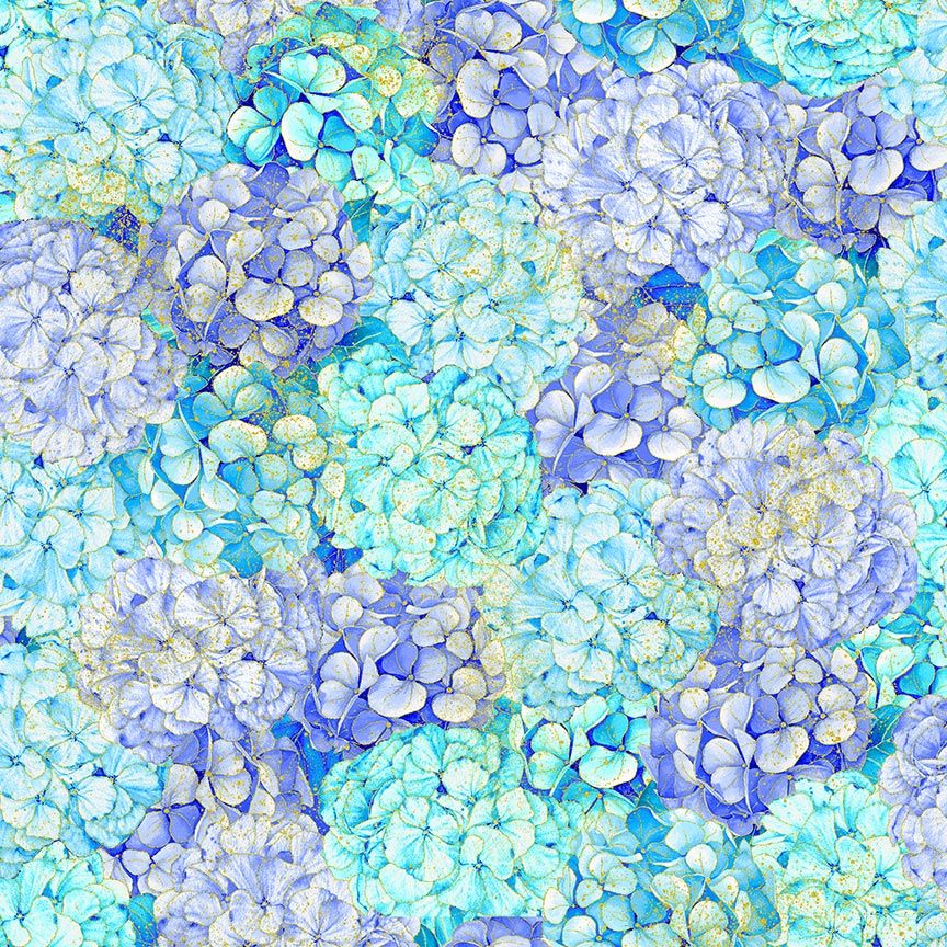 Blue, aqua, and lavender hydrangea blossoms with metallic gold accents packed across a cotton background by Timeless Treasures.